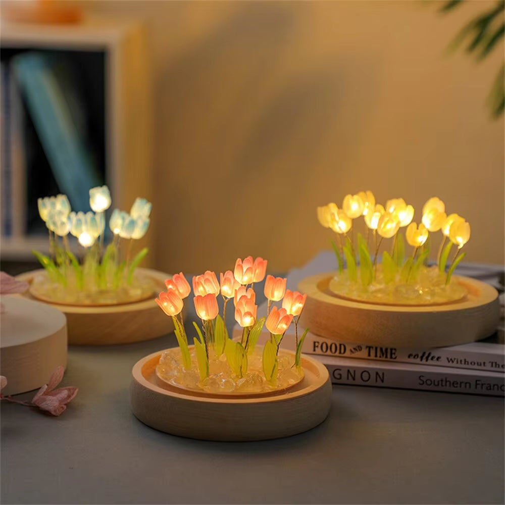 Artificial Tulip Flower Night Light Handmade DIY Bedside Lamp LED Night Lamp Bedroom Decor Christmas Birthday Gifts Table Lamp